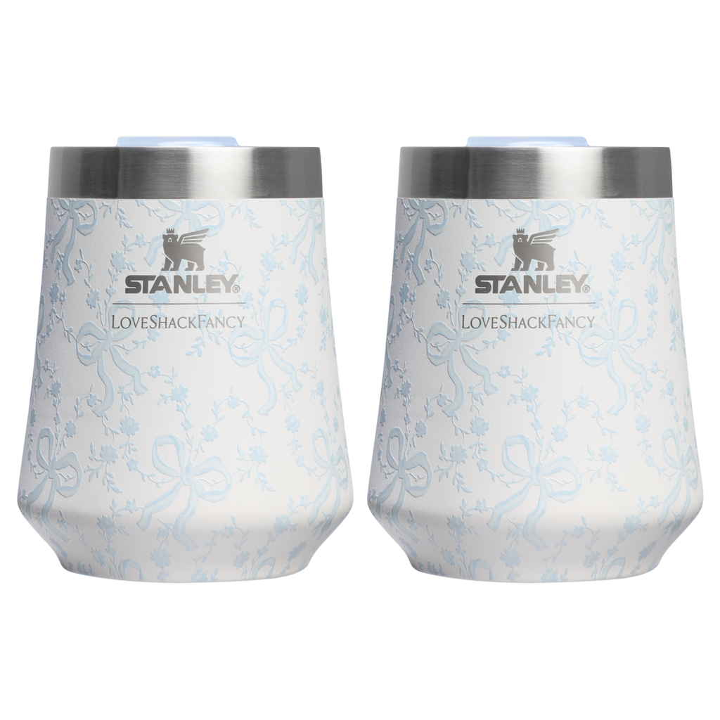 Vacuum Insulated Wine Stanley 1913 x LoveShackFancy Holiday The Reserve Wine Tumbler Set | 2-pack D205C - Shatterproof Flavor-Preserving Cocktail Tumbler with Lid - Coquette Bow Winter Ice